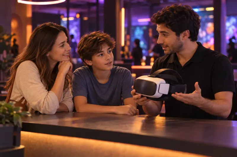 Bir ebeveyn ve çocuğun görevliyle VR katılım koşullarını konuşması