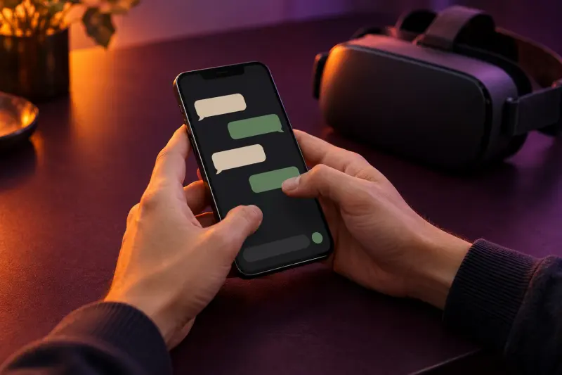 VR ziyareti öncesinde telefondan mesaj hazırlayan eller