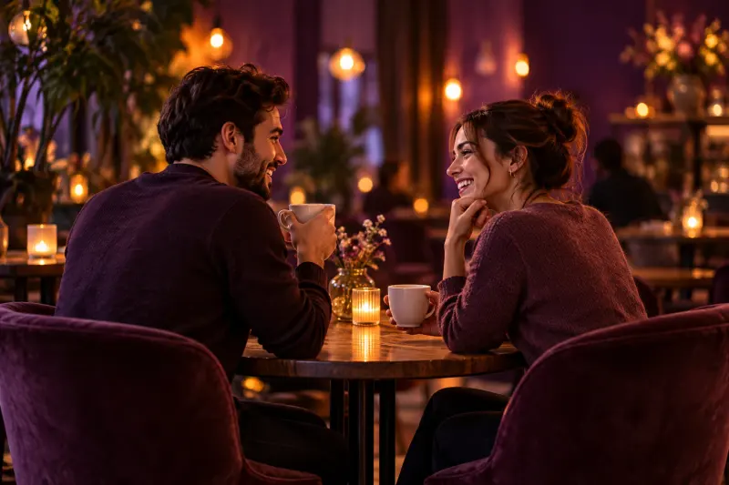 Bir kafe masasında iki fincan kahveyle sohbet edip gülen bir çift