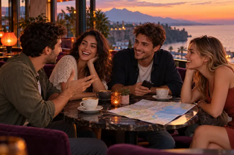 Bir kafede buluşup günün planını konuşan arkadaşlar