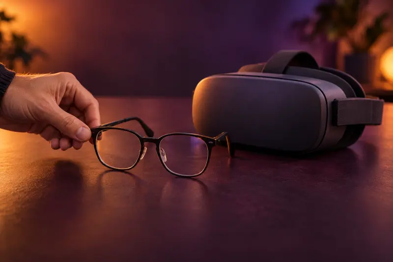 Masada markasız bir VR kaskının yanına bırakılan numaralı gözlüğü kaldıran bir el