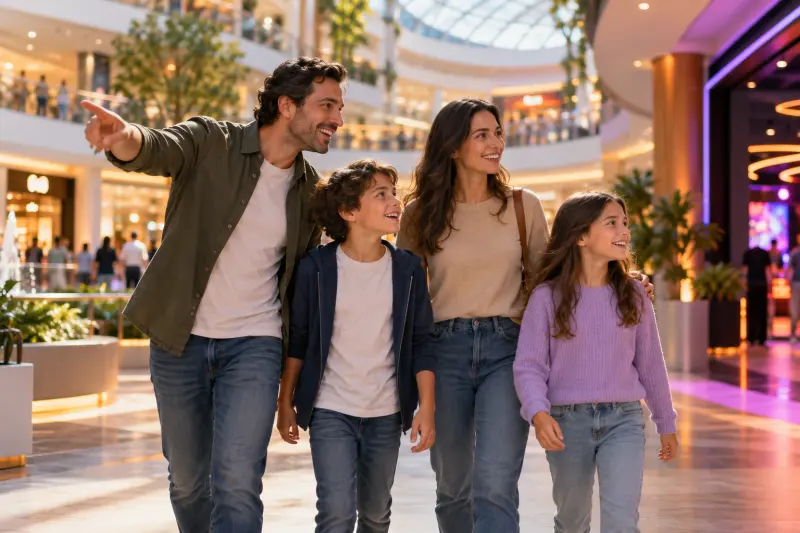 Bir alışveriş merkezinde birlikte gezen aile