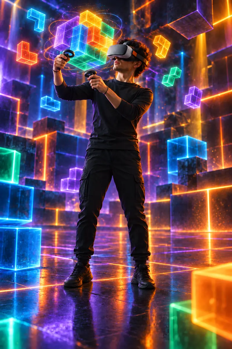 Havada süzülen neon küpleri çeviren, VR kasklı bir oyuncu