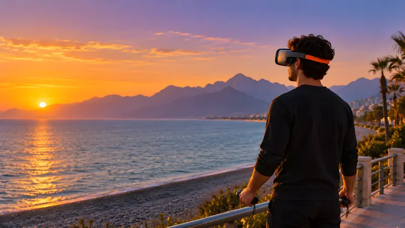 Konyaaltı sahilinde gün batımında VR kaskı takmış bir genç