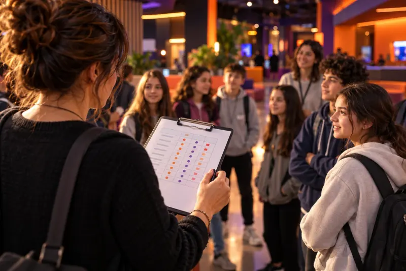 Elindeki listeyle okul grubuna ziyaret planını anlatan öğretmen