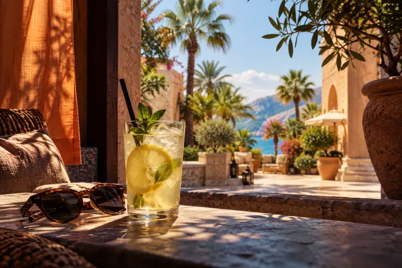 Güneşli bir Akdeniz gününde gölgede limonata molası