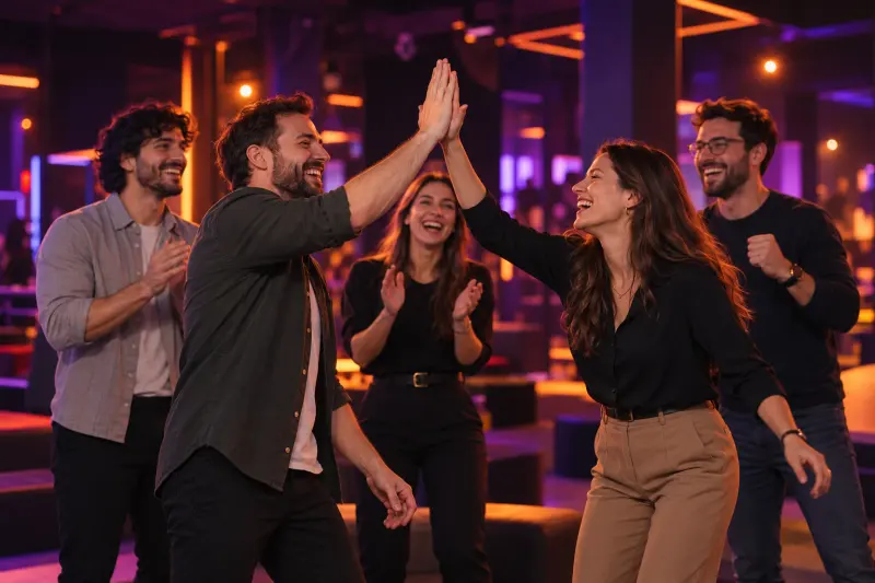 Loş, neon ışıklı bir eğlence mekânında gülerek çak yapan iş arkadaşları